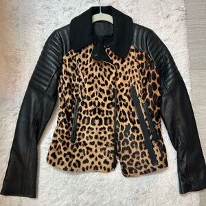 ALC pony hair and leather moto jacket with cheetah print